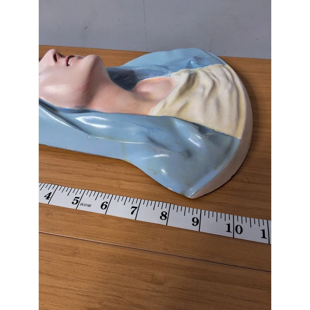 Vintage Sacred Heart Virgin Mary Chalkware Wall Art Hand Painted 11